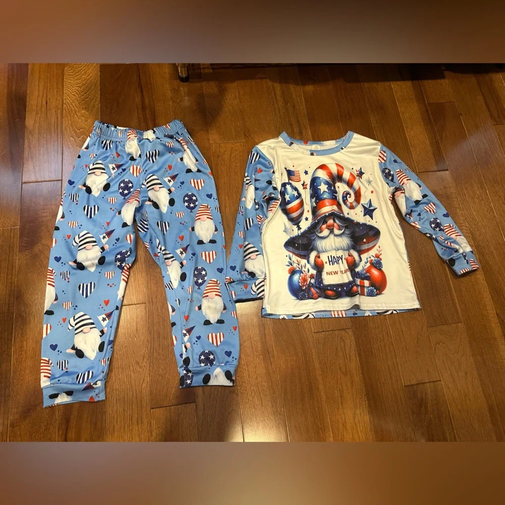 Girls Gnome Pajama Set 5–6Y Blue Two Piece Holiday Sleepwear